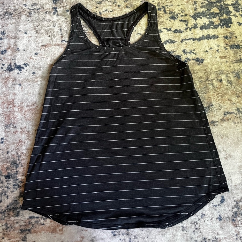 Lululemon Black/Grey Racerback Tank with Thin White Stripes Small